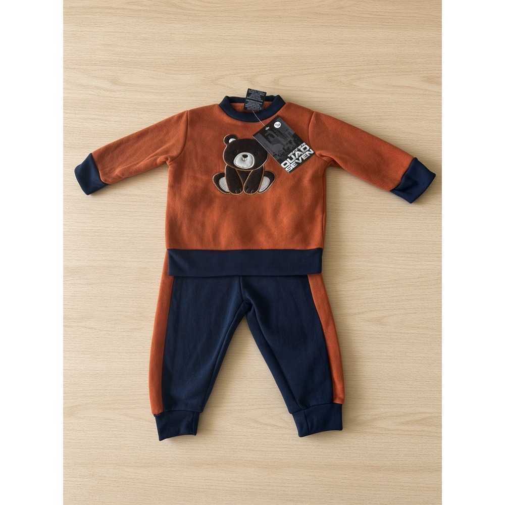 Quad Seven Baby Boys Bear Fleece Sweatshirt and Joggers Set Orange Navy 6/9M